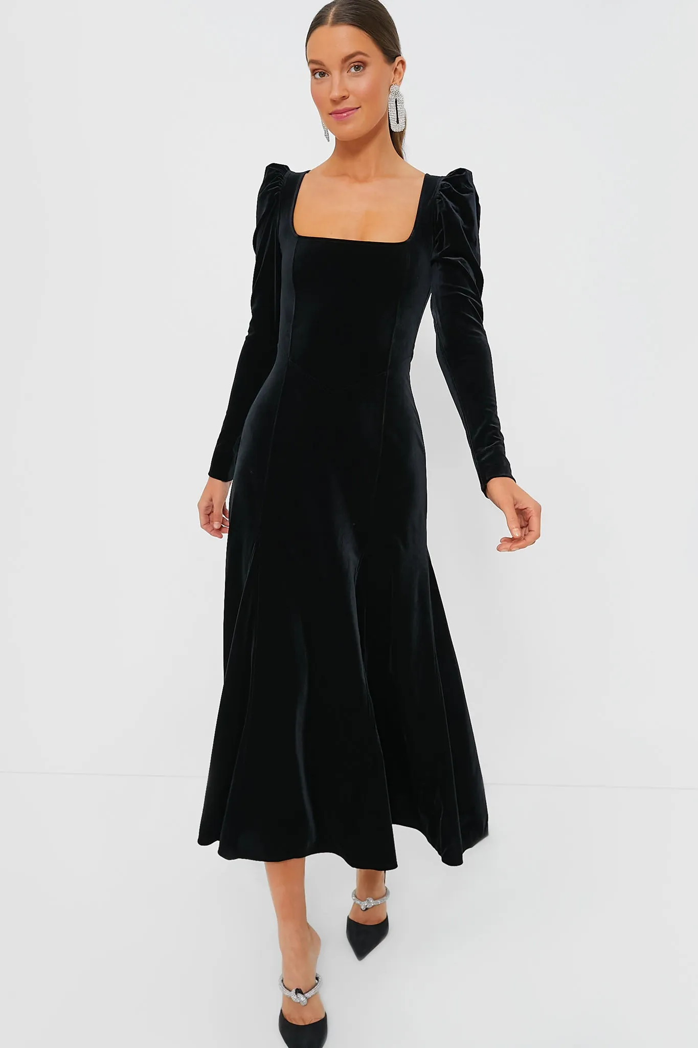 Black Velvet Jersey Puff Sleeve Maxi Dress