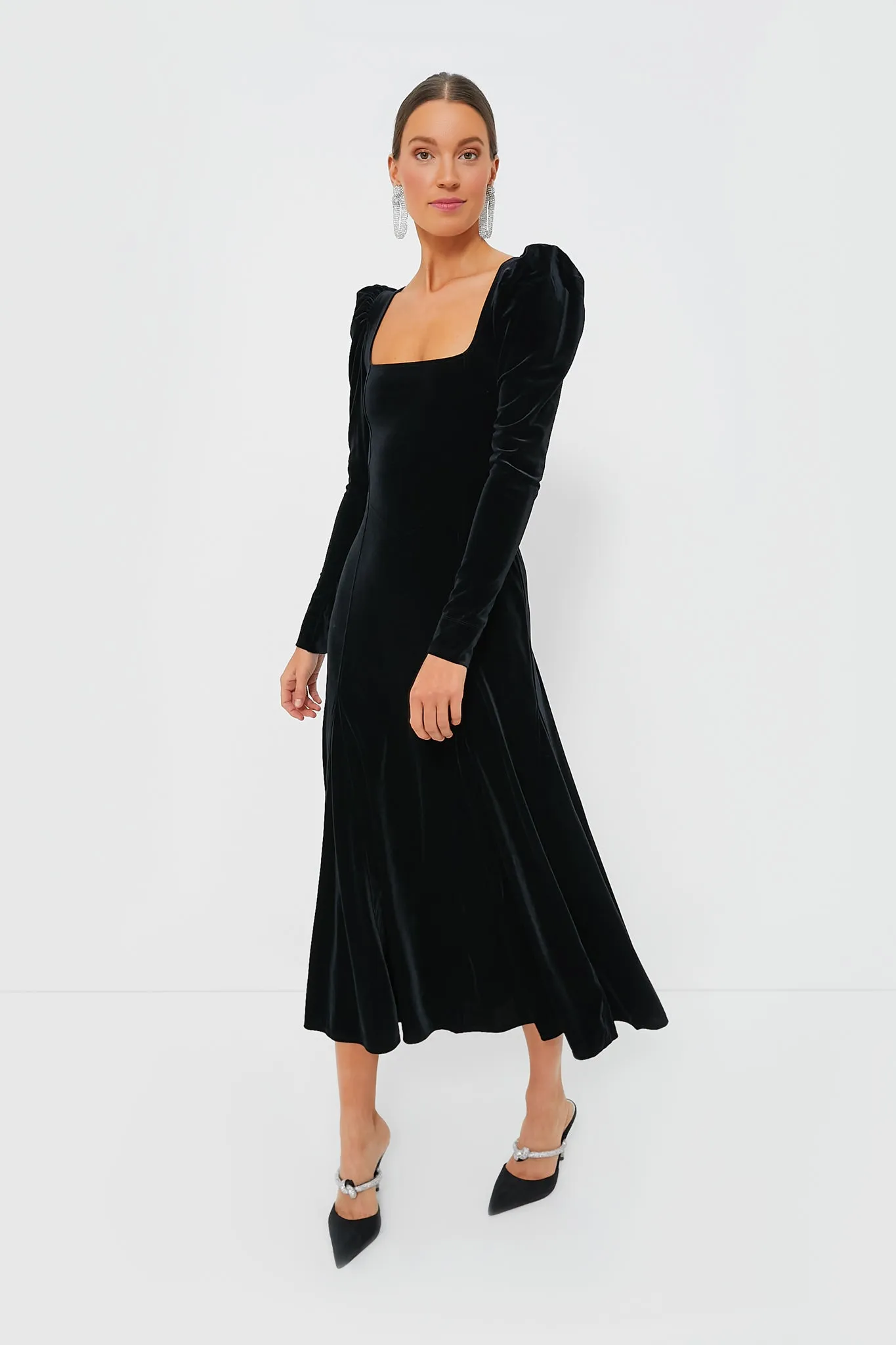 Black Velvet Jersey Puff Sleeve Maxi Dress