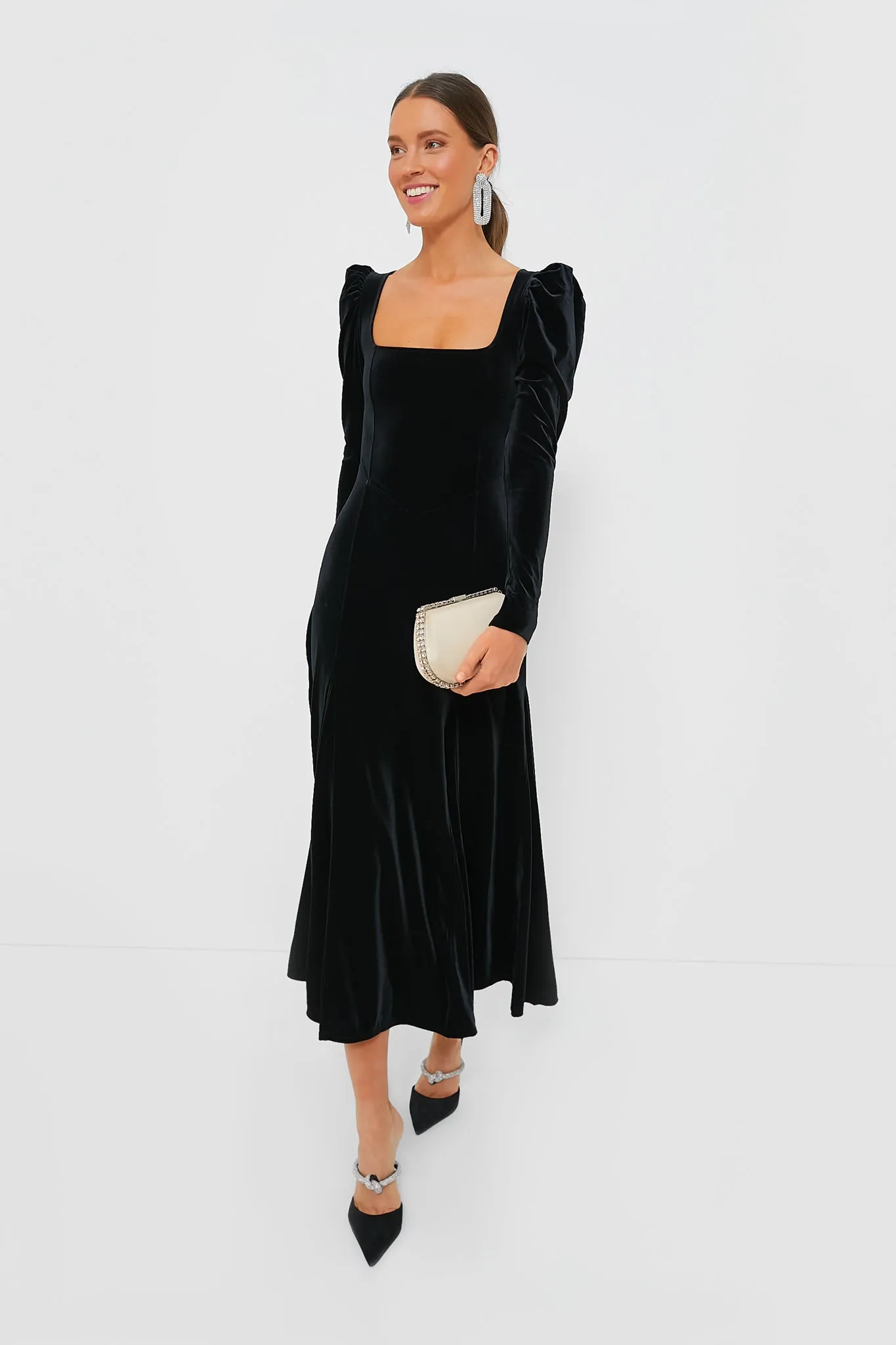 Black Velvet Jersey Puff Sleeve Maxi Dress