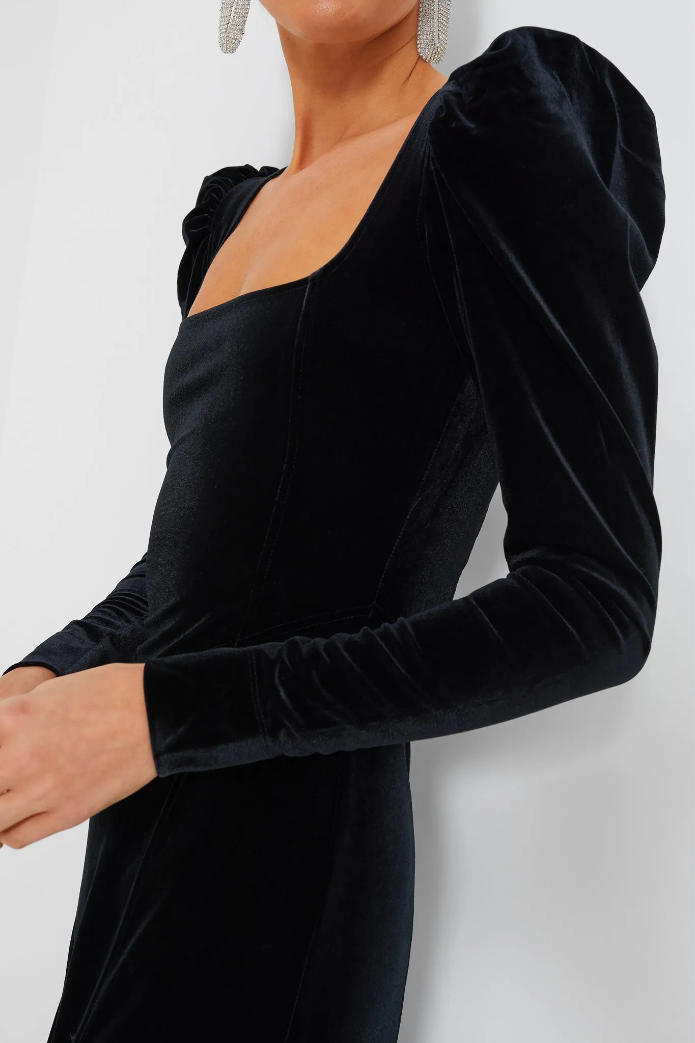 Black Velvet Jersey Puff Sleeve Maxi Dress