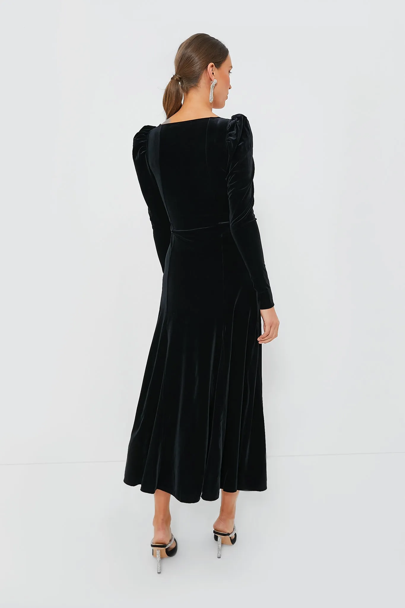 Black Velvet Jersey Puff Sleeve Maxi Dress