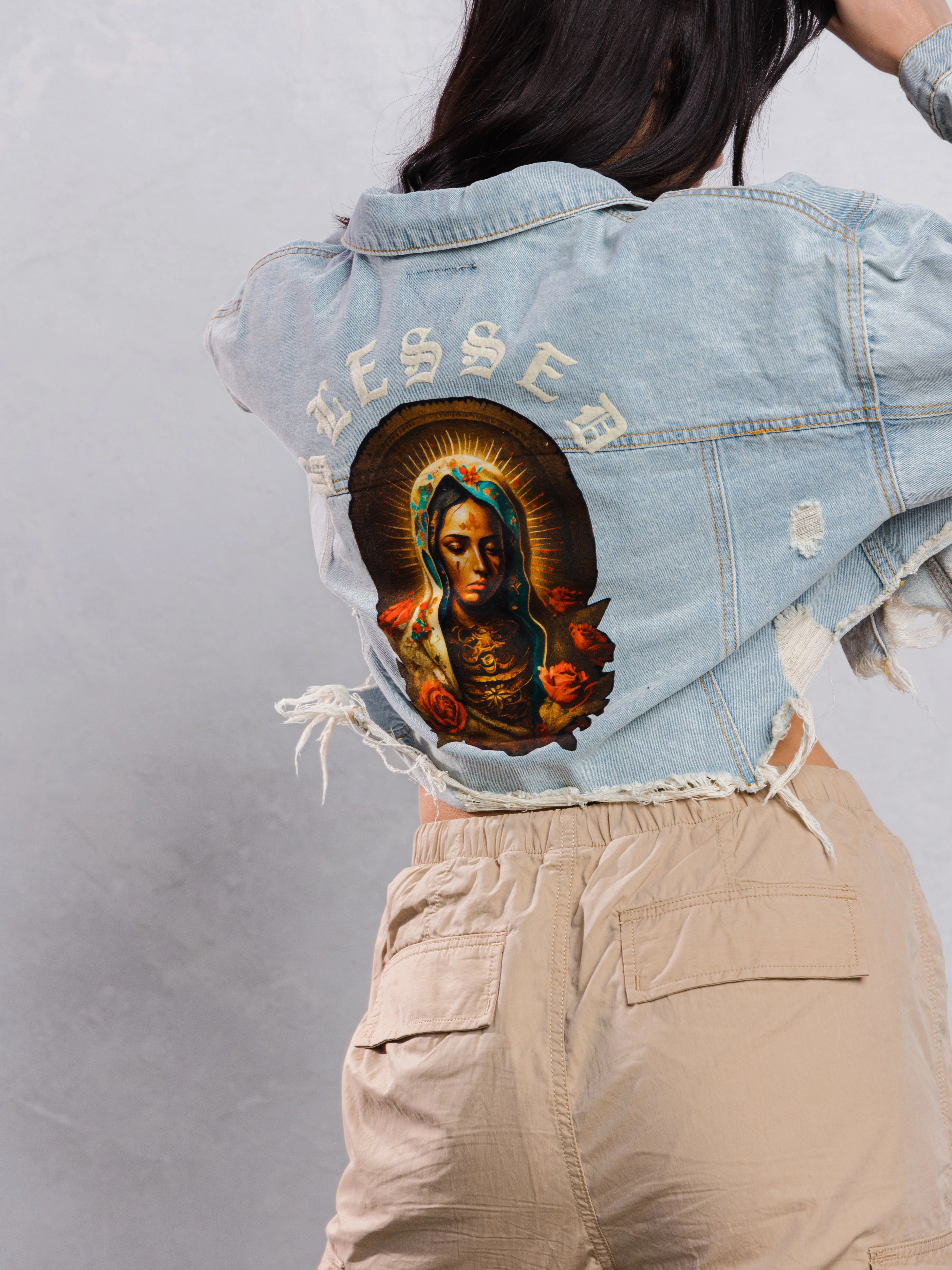 BLESSED Virgin Mary Crop Denim Jacket