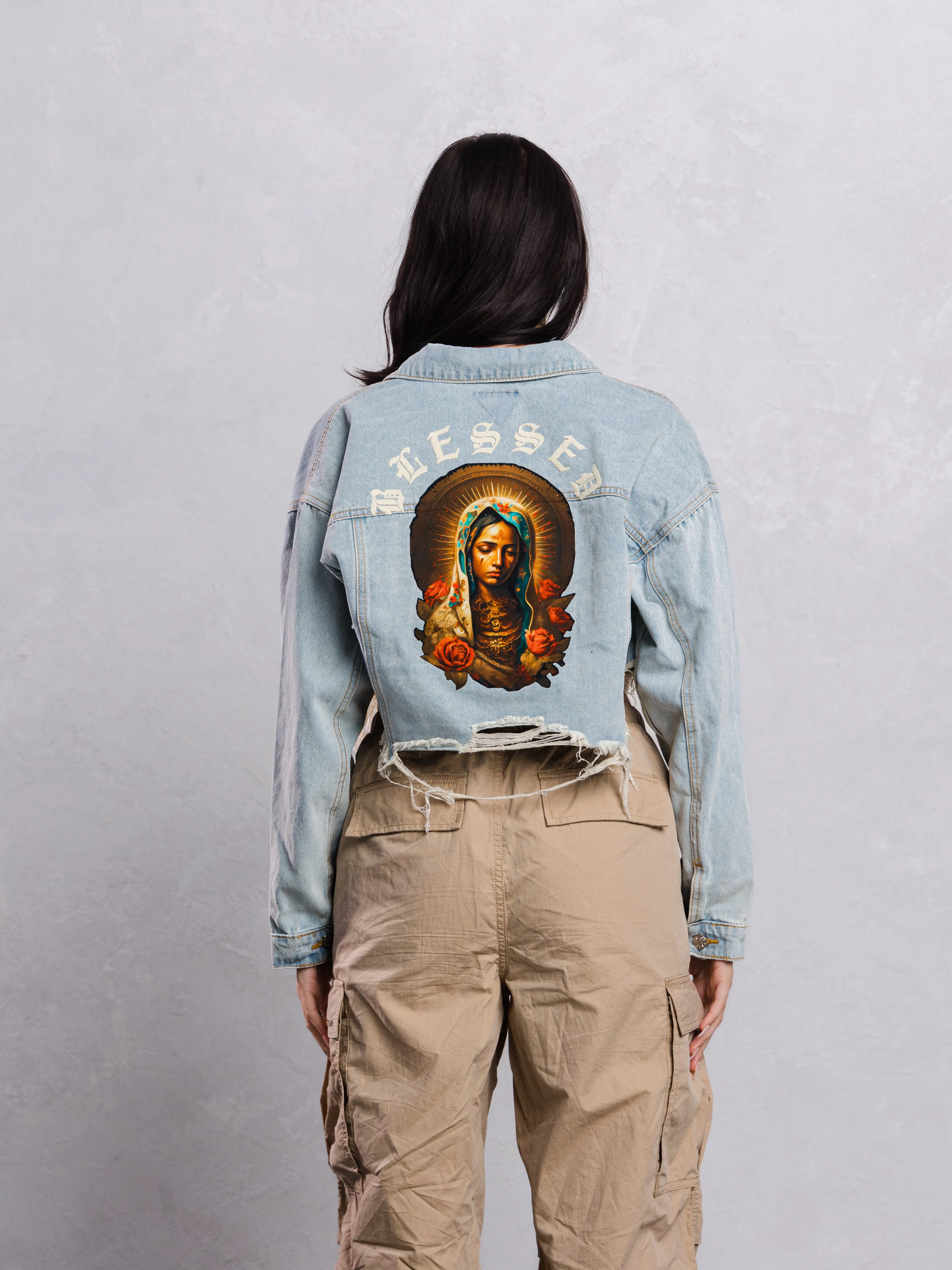 BLESSED Virgin Mary Crop Denim Jacket