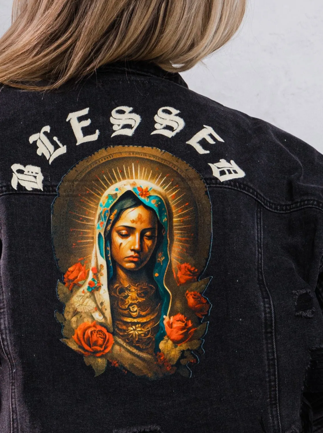 BLESSED Virgin Mary Crop Denim Jacket