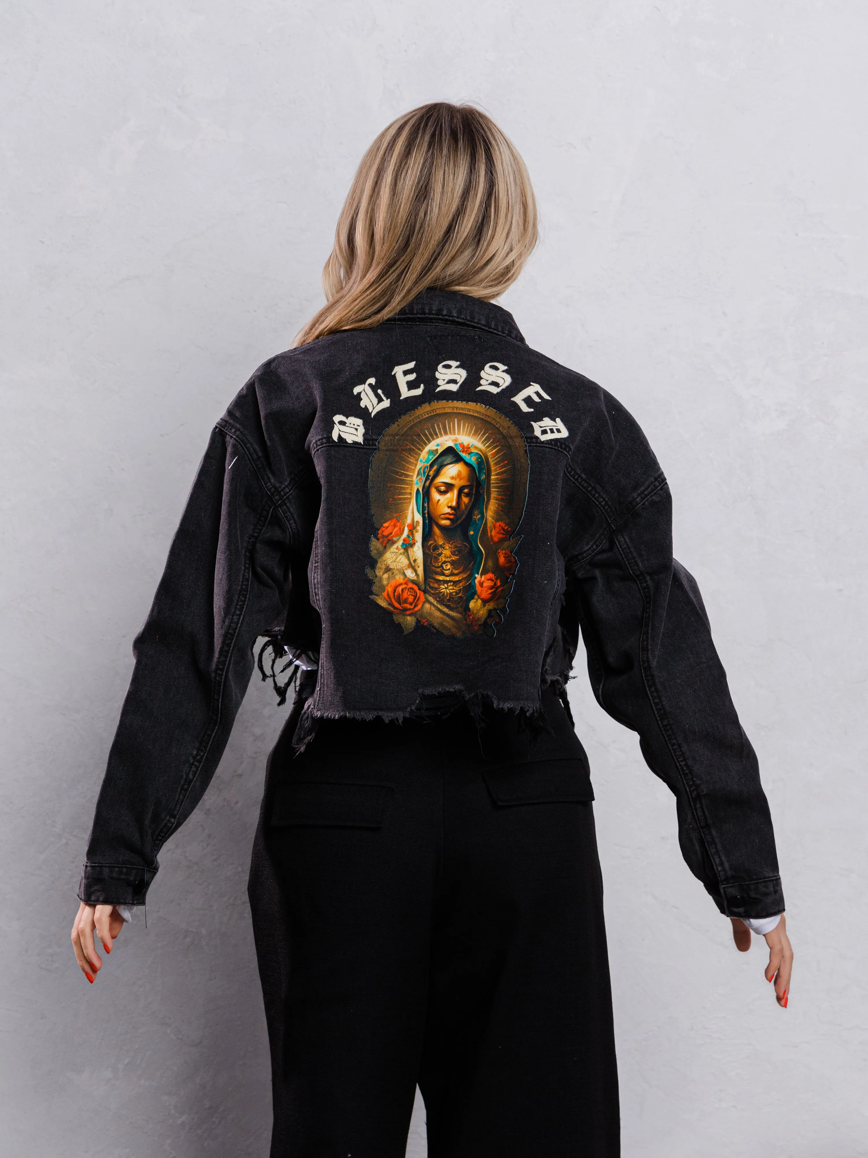 BLESSED Virgin Mary Crop Denim Jacket