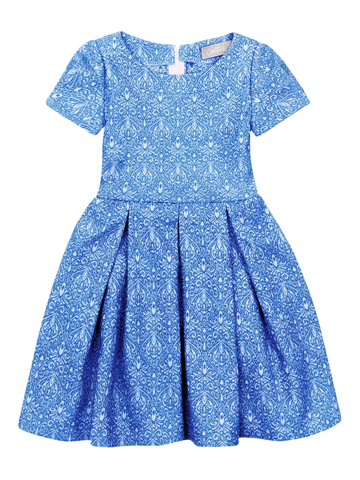 Blue Brocade Pleated Midi Dress by Kids Couture