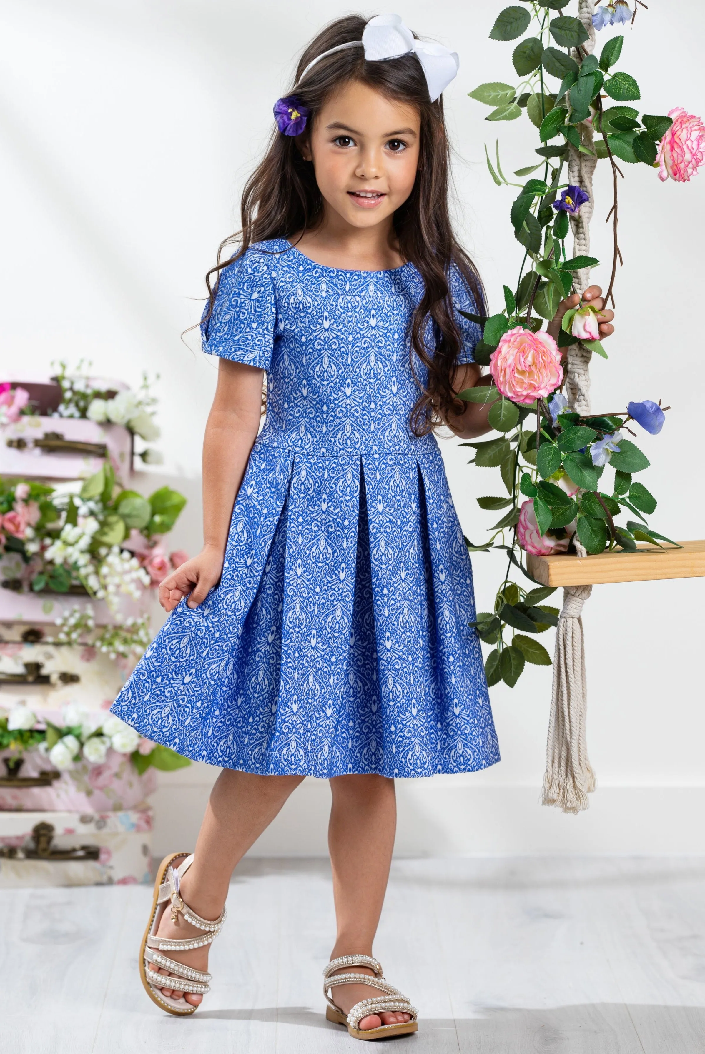 Blue Brocade Pleated Midi Dress by Kids Couture