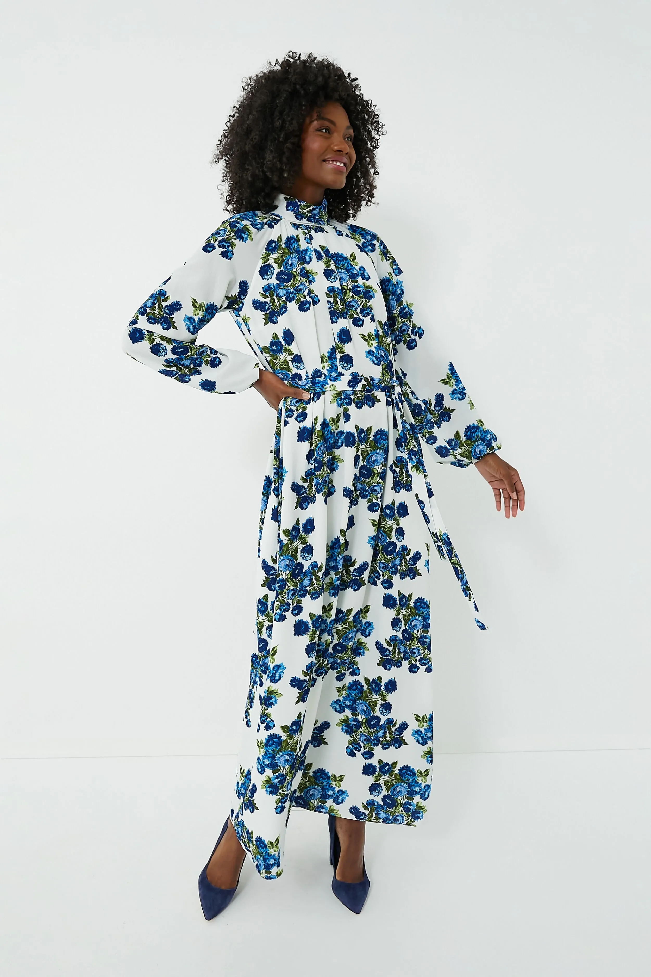 Blue Flower Bouquet Elanda Crepe Georgette Dress