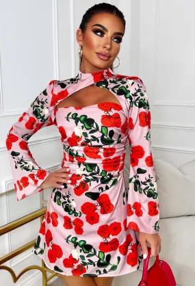 Buy Me Roses Pink Long Sleeve Satin Cut Out Mini Dress