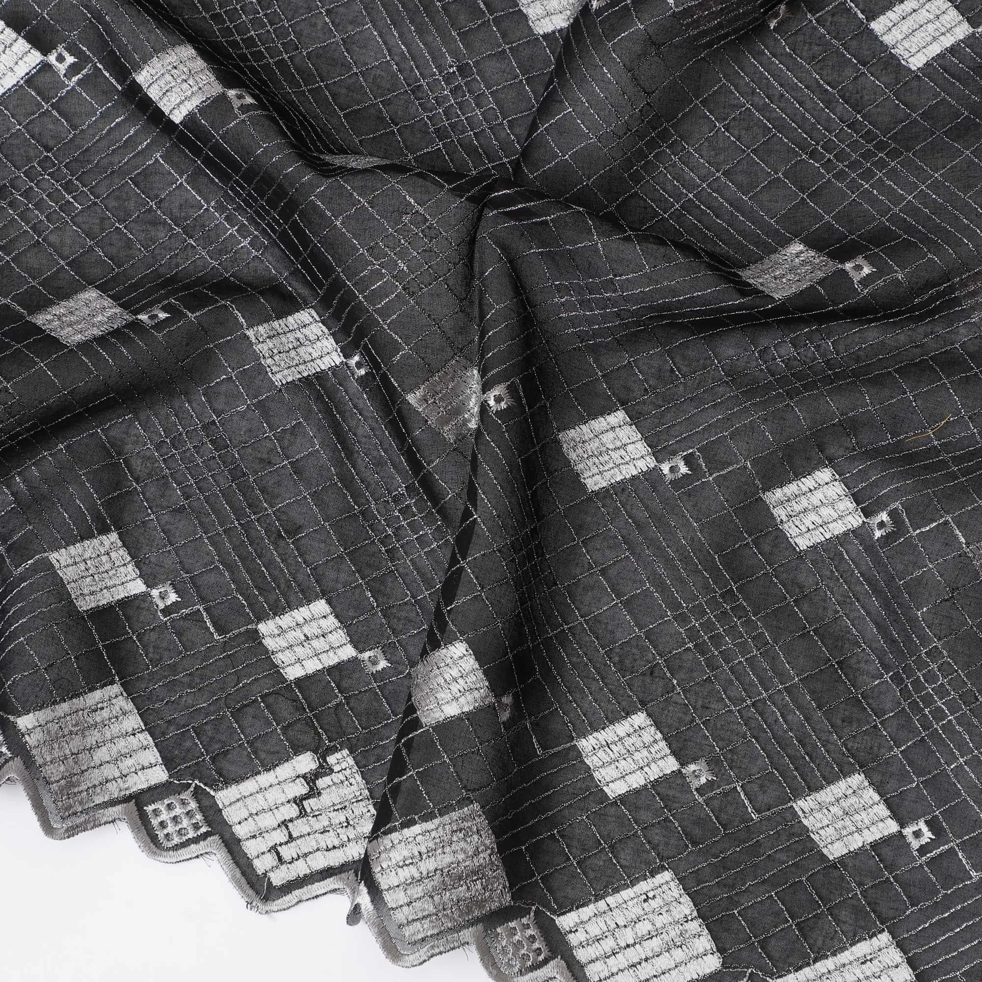 Charcoal Geometric Embroidered Cotton Voile for Sudanese Thobe - 140cm x 4.5 Mtrs piece-D18596