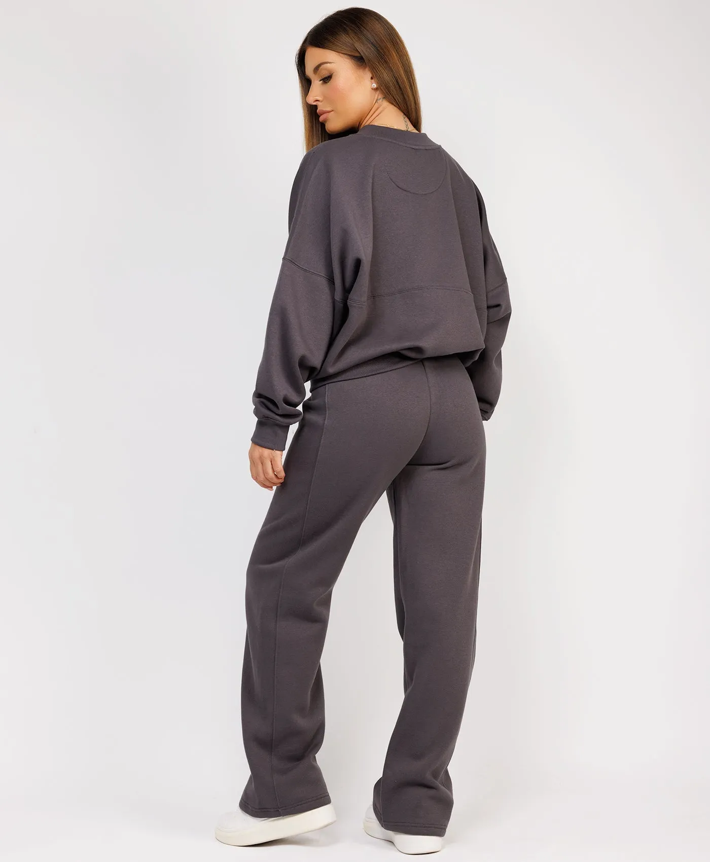 Charcoal Grey Fleece Bomber Wide-Leg Trousers Tracksuit