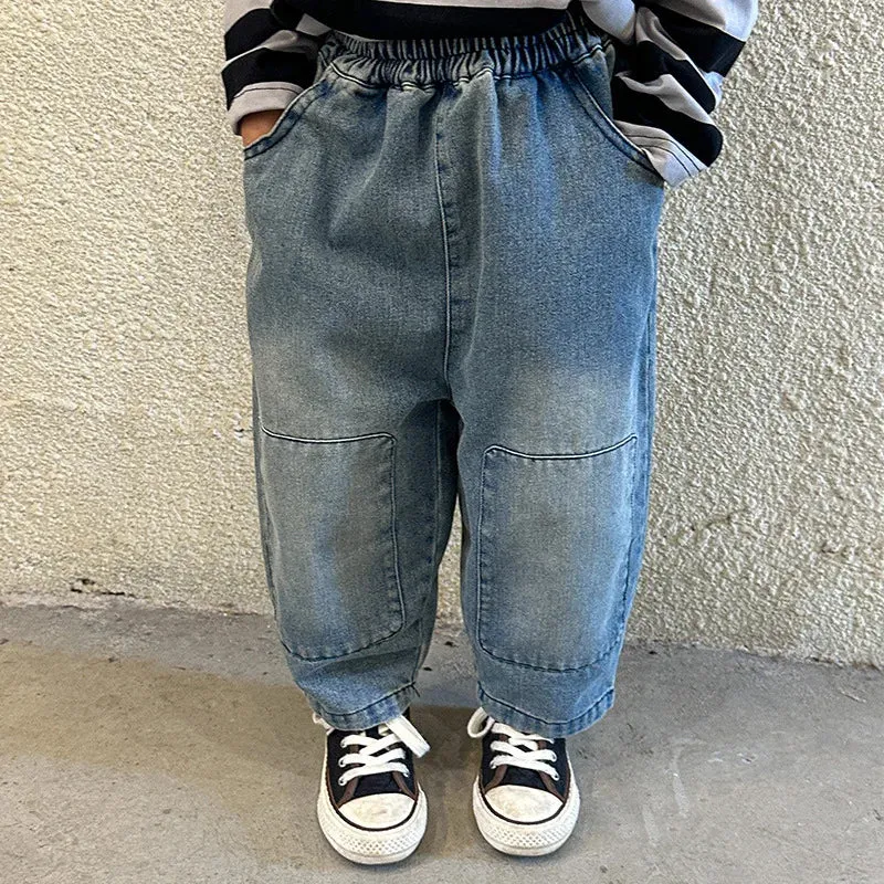 Children's Soft Jeans Korean Version Loose Fitting Boy and Girls Casual Patch Pants 2024 New Spring and Autumn Baby Trousers