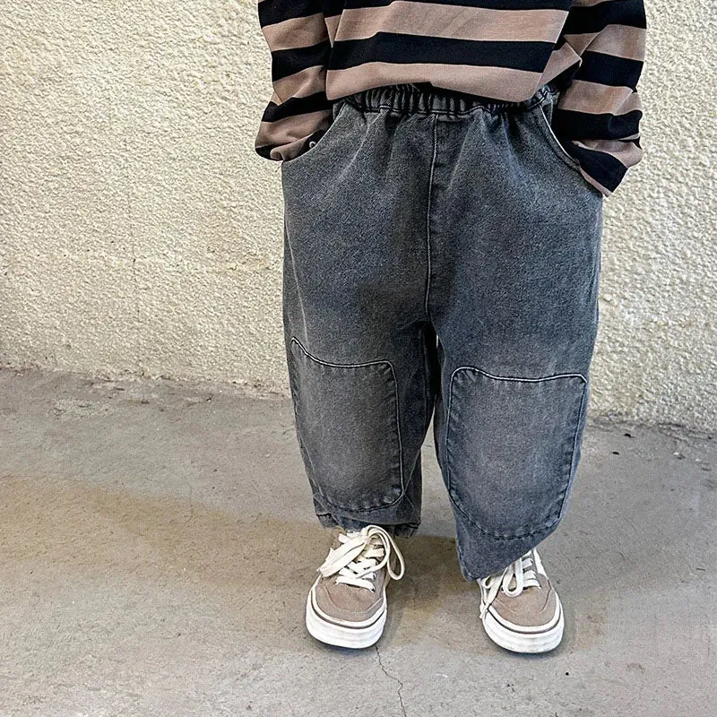 Children's Soft Jeans Korean Version Loose Fitting Boy and Girls Casual Patch Pants 2024 New Spring and Autumn Baby Trousers