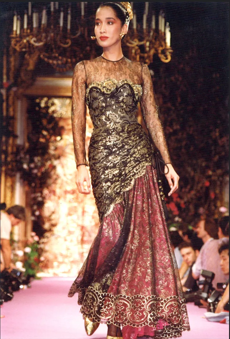 CHRISTIAN LACROIX HAUTE COUTURE A/W 1989 RUNWAY METALLIC LACE GOWN