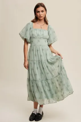 Christy Flower Embroidered Puff Sleeve Tiered Maxi Dress