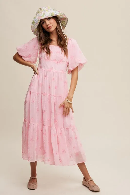 Christy Flower Embroidered Puff Sleeve Tiered Maxi Dress