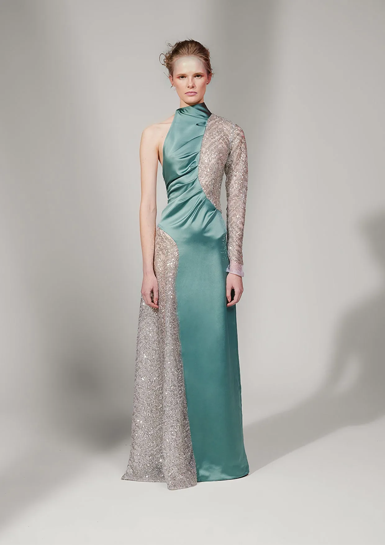 Chrysalis Open-Back Asymmetric Lace Sequin Gown