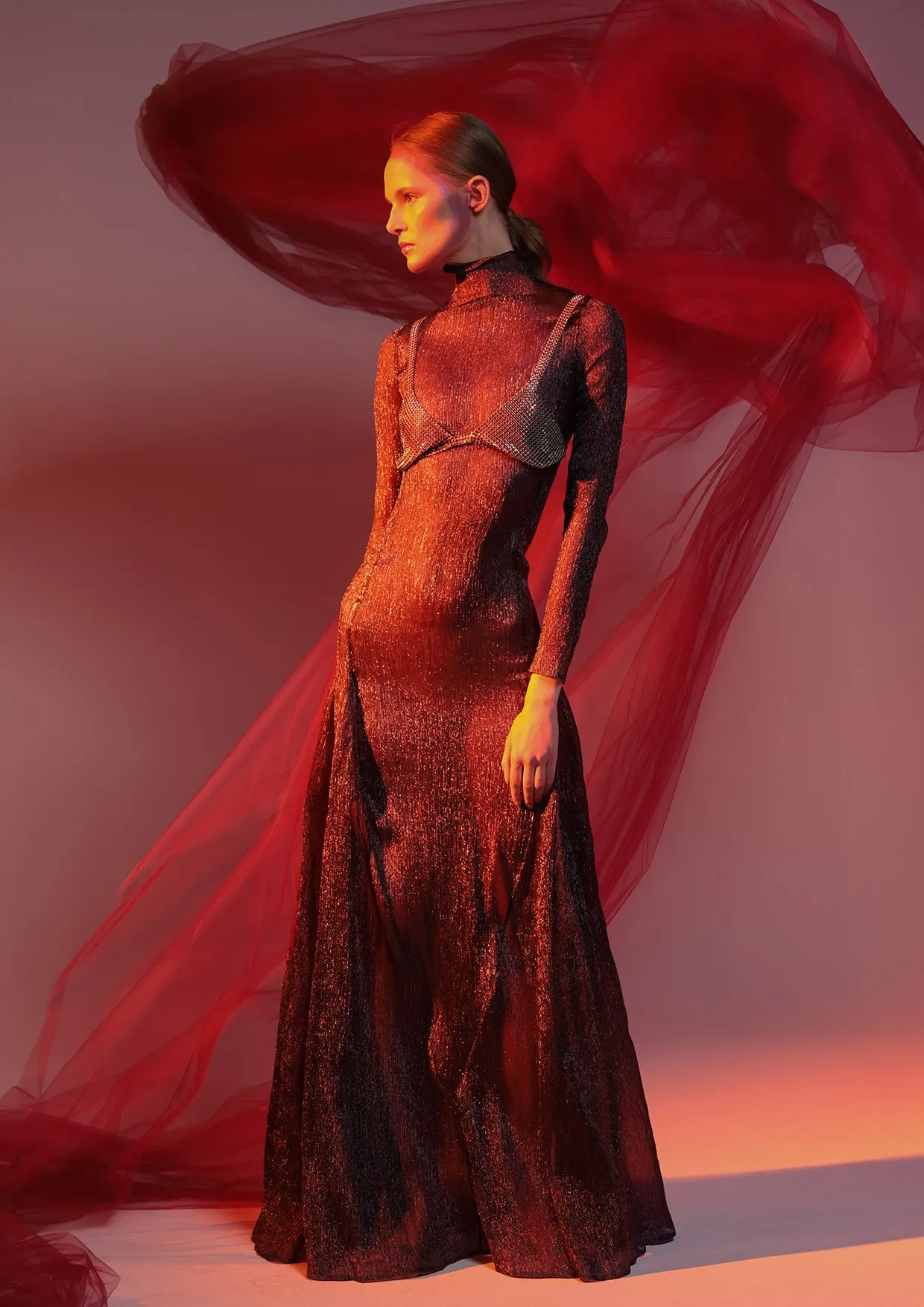 Cocoon Long-Sleeved Velvet Organza Maxi Dress