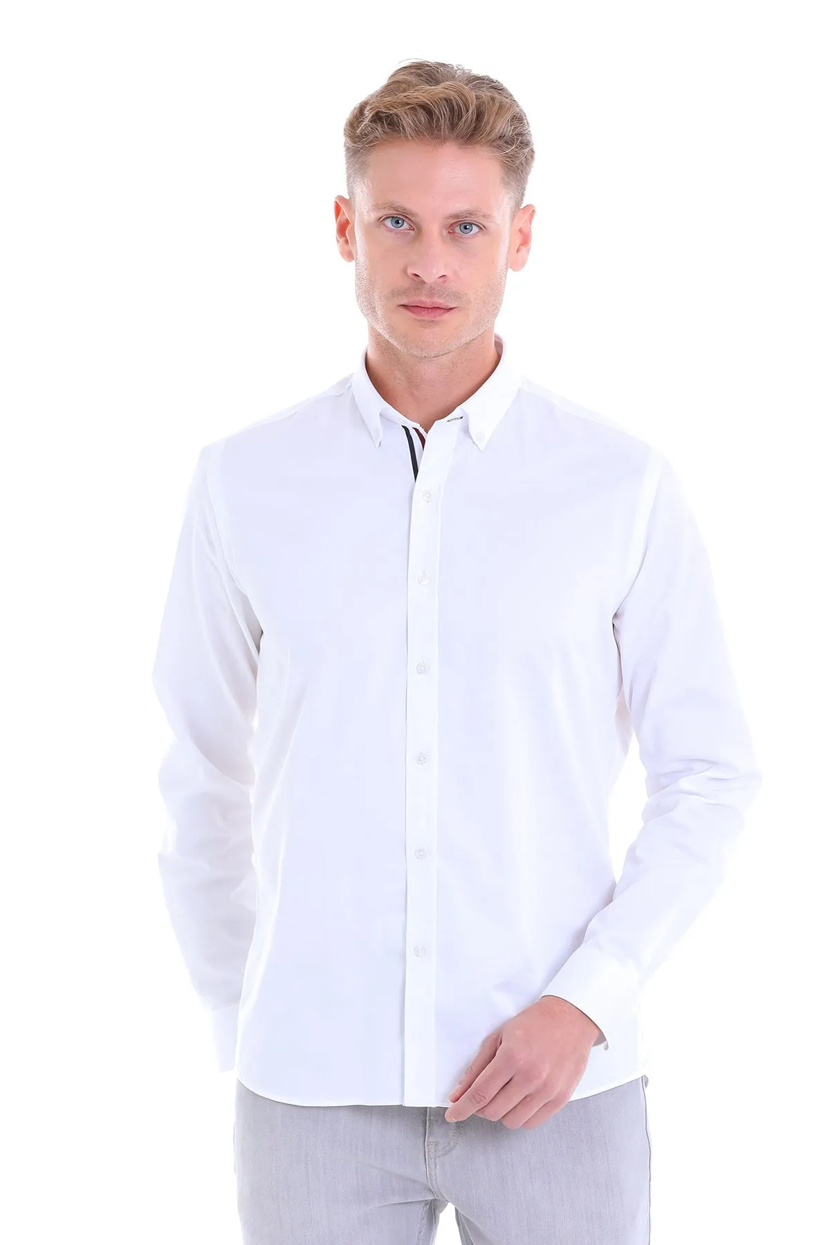 Comfort Fit Button-Down Collar Cotton White Dress Shirt