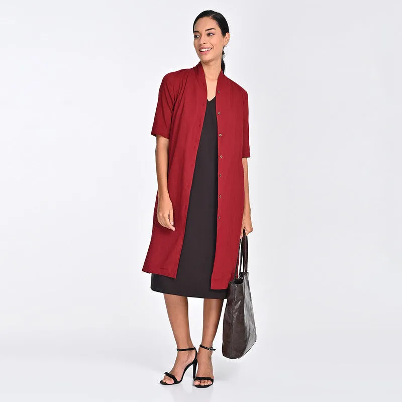 Cotton Co Ord Set For Women | Shirt & Dress | Draped Neck | Maroon & Brown