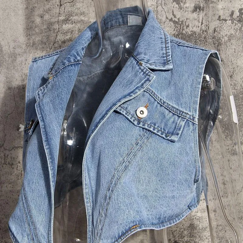 Cropped Cross Denim Sleeveless Jacket