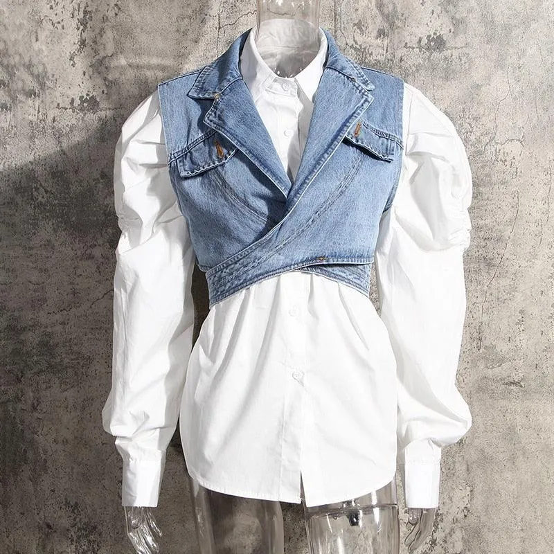 Cropped Cross Denim Sleeveless Jacket