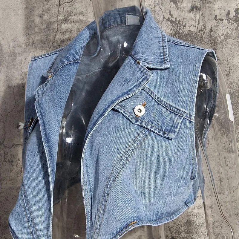 Cropped Cross Denim Sleeveless Jacket