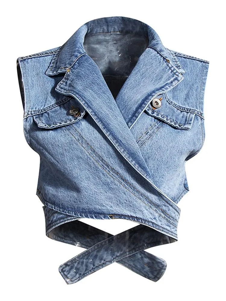 Cropped Cross Denim Sleeveless Jacket