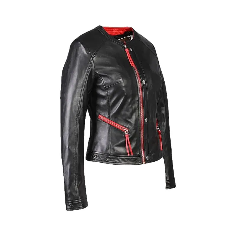 Cropped Womens Striped Short Biker Leather Jacket