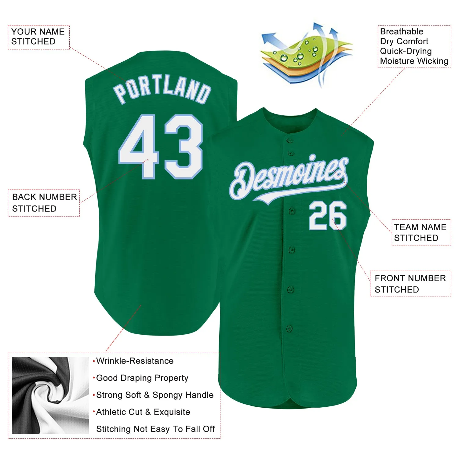 Custom Kelly Green White-Light Blue Authentic Sleeveless Baseball Jersey