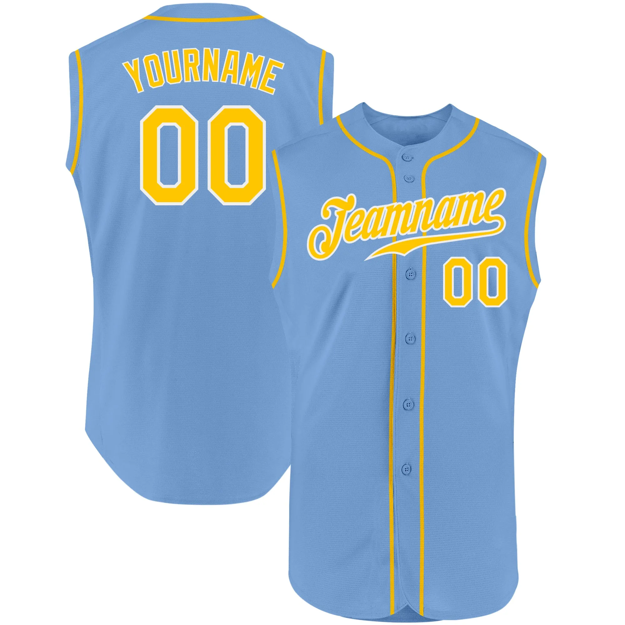 Custom Light Blue Gold-White Authentic Sleeveless Baseball Jersey