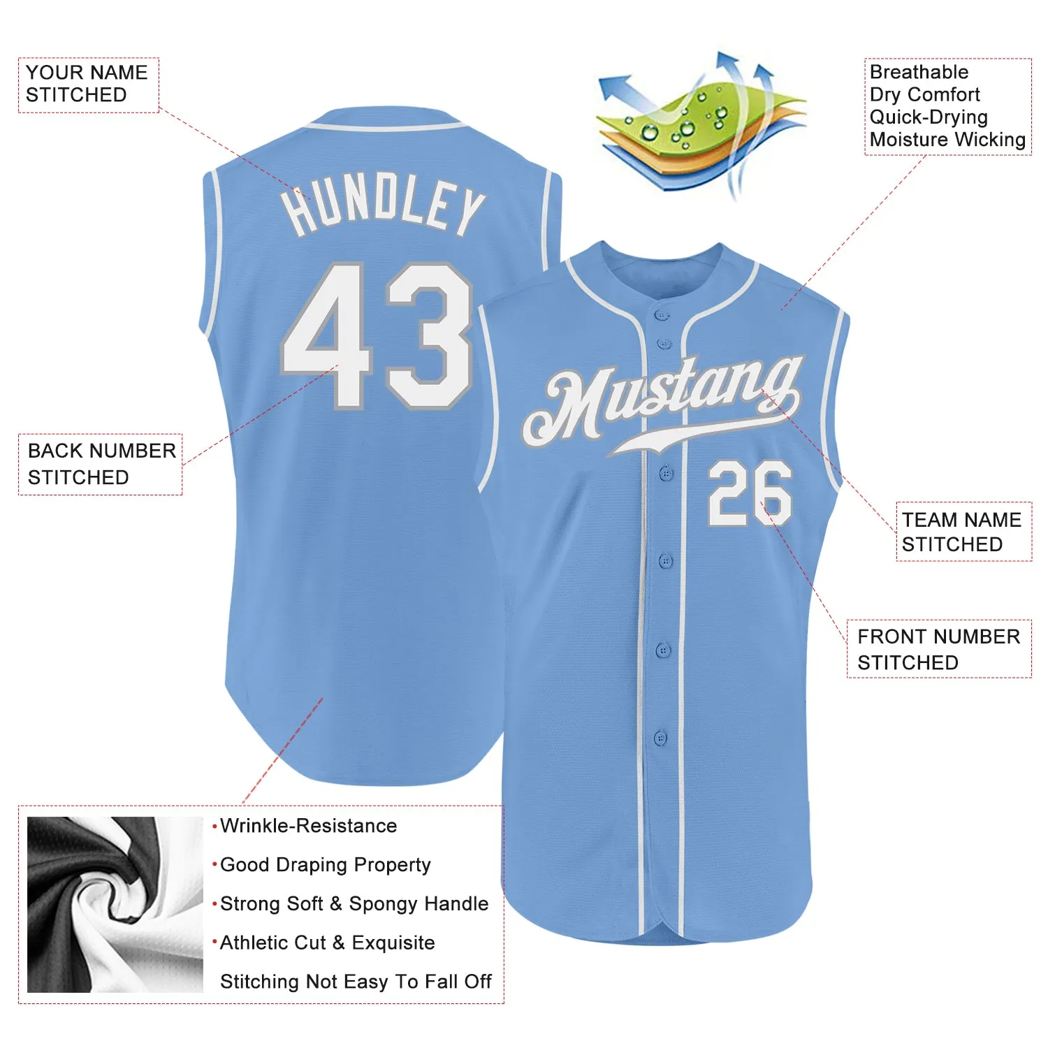 Custom Light Blue White-Gray Authentic Sleeveless Baseball Jersey