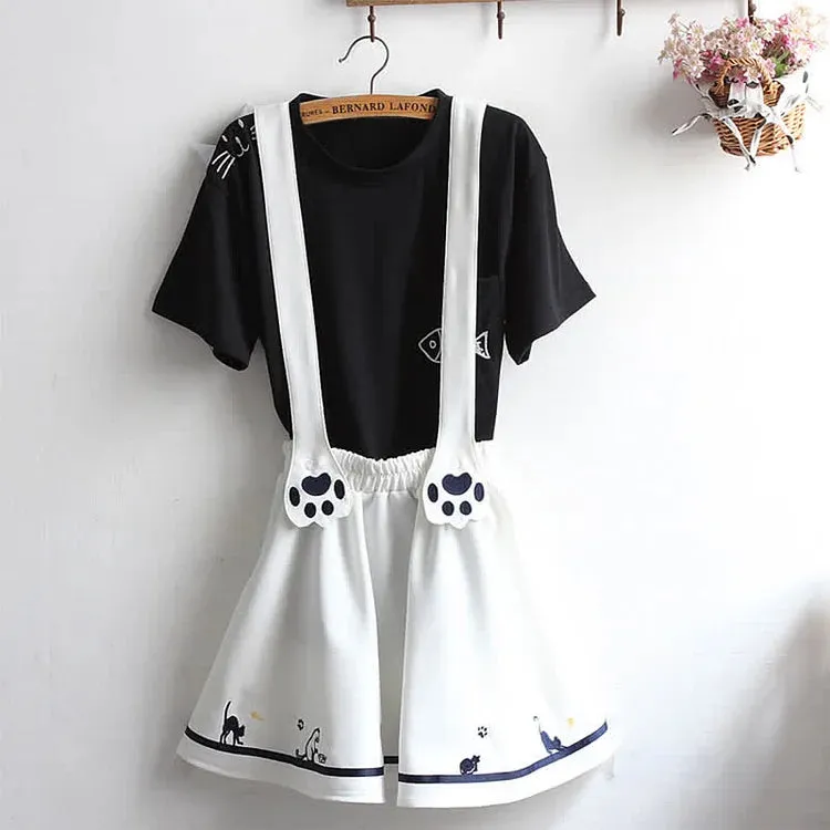 Cute Cartoon Kitty Fish Letter T-Shirt and Overalls Dress Set