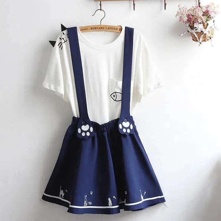 Cute Cartoon Kitty Fish Letter T-Shirt and Overalls Dress Set