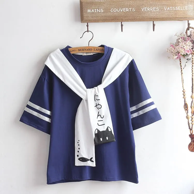 Cute Cartoon Kitty Fish Letter T-Shirt and Overalls Dress Set