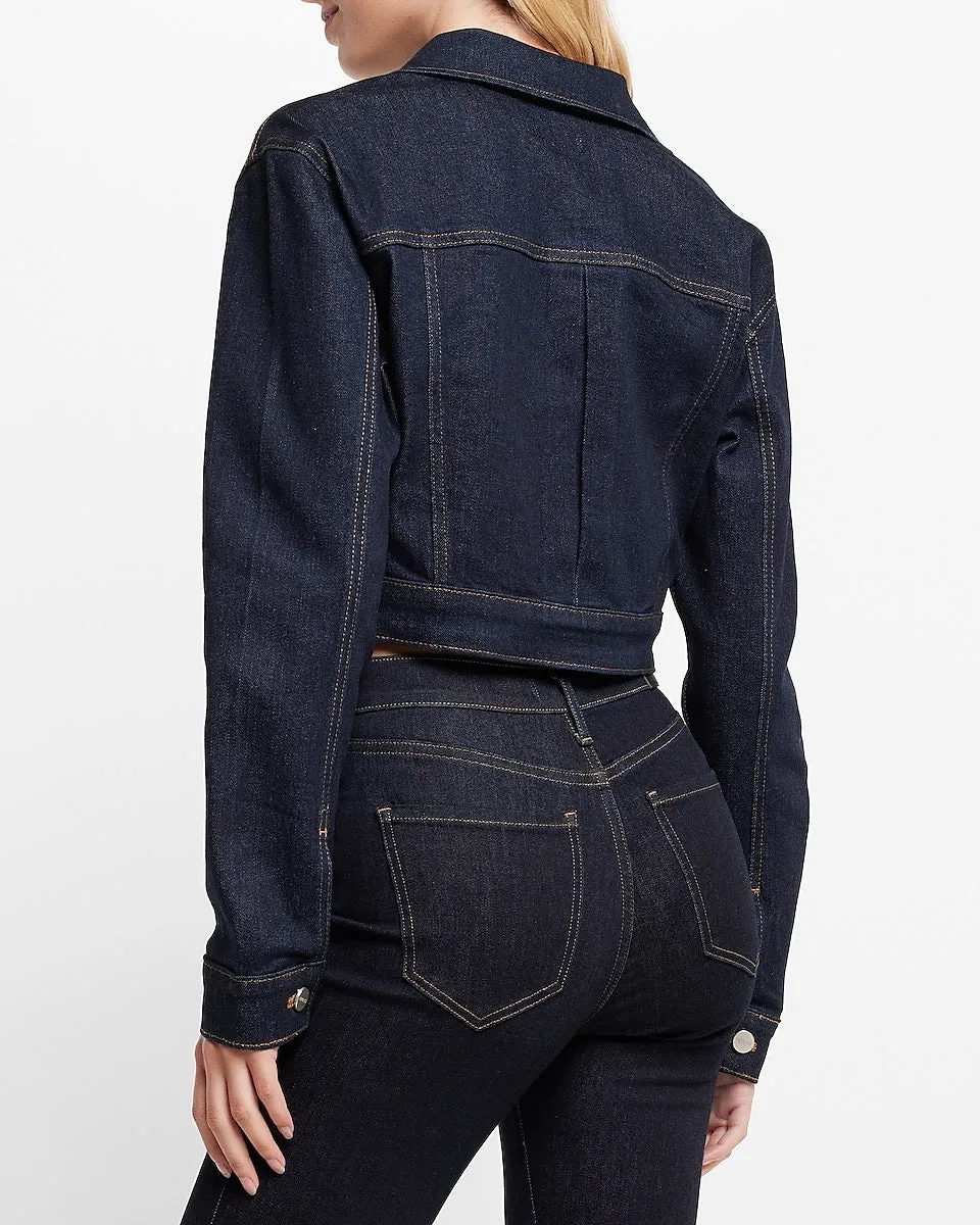 Dark Wash Cropped Denim Trucker Jacket in Dark Wash