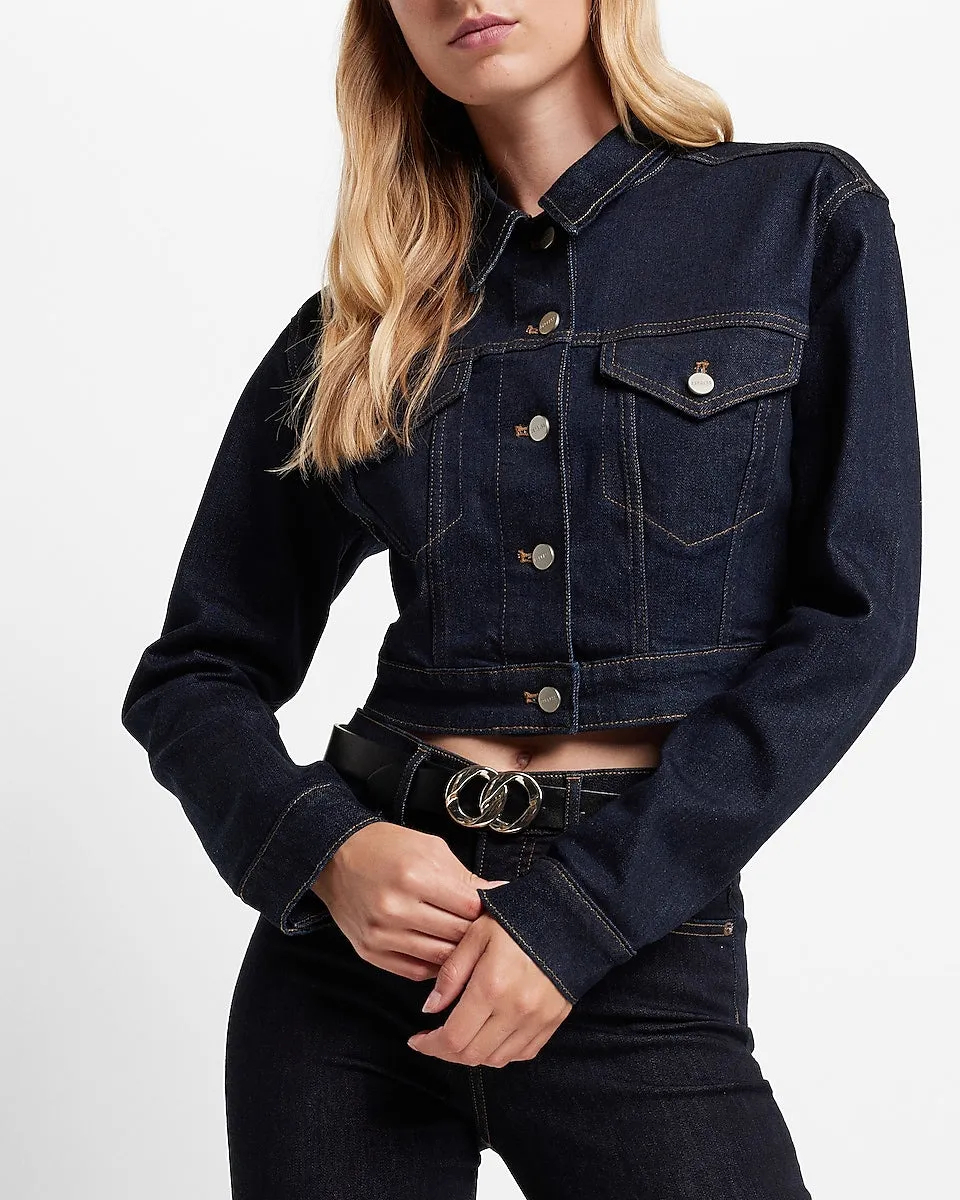 Dark Wash Cropped Denim Trucker Jacket in Dark Wash