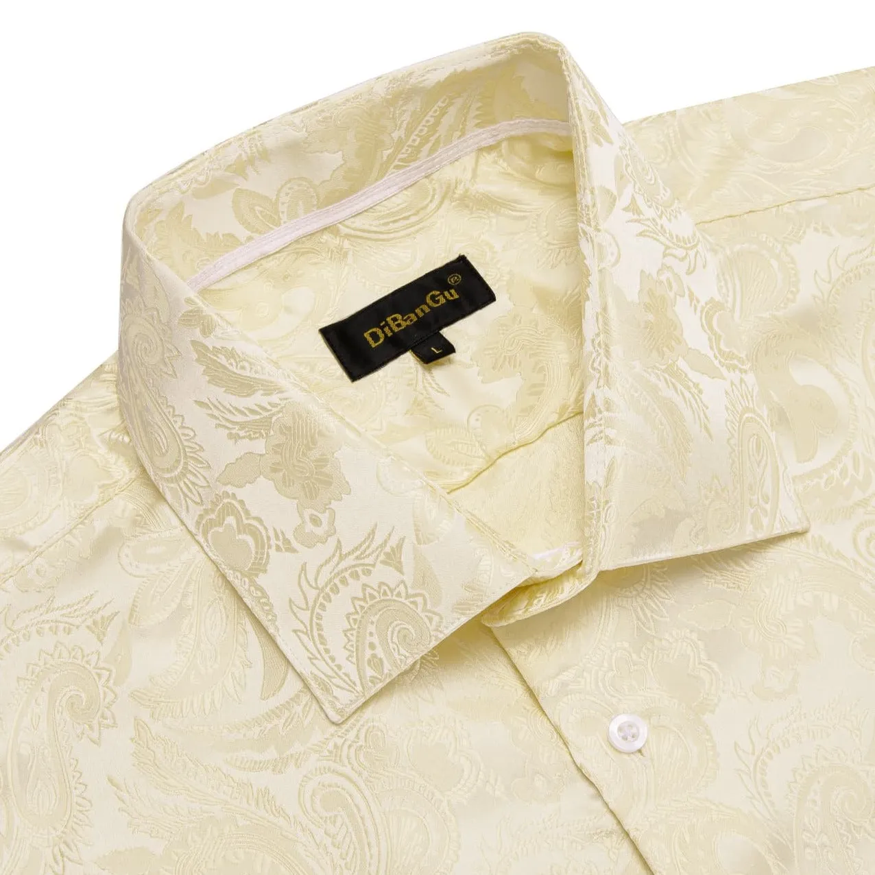 DiBanGu Dress Shirt Eggshell Yellow Paisley Button Down Long Sleeve Shirt for Men