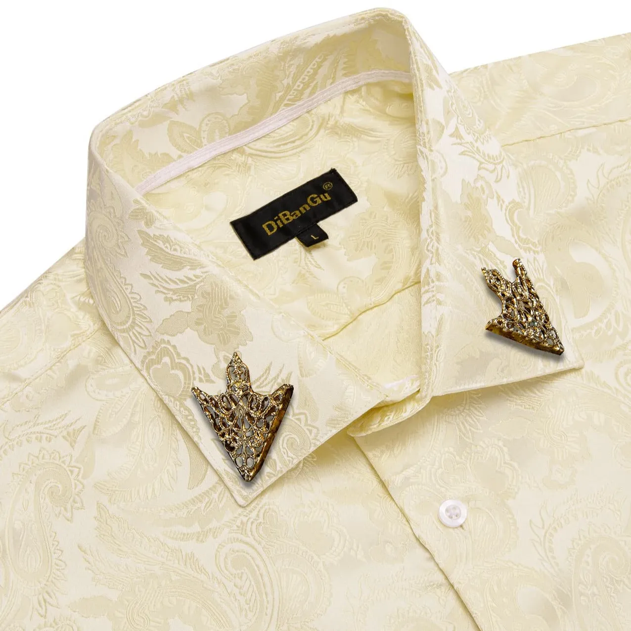 DiBanGu Dress Shirt Eggshell Yellow Paisley Button Down Long Sleeve Shirt for Men