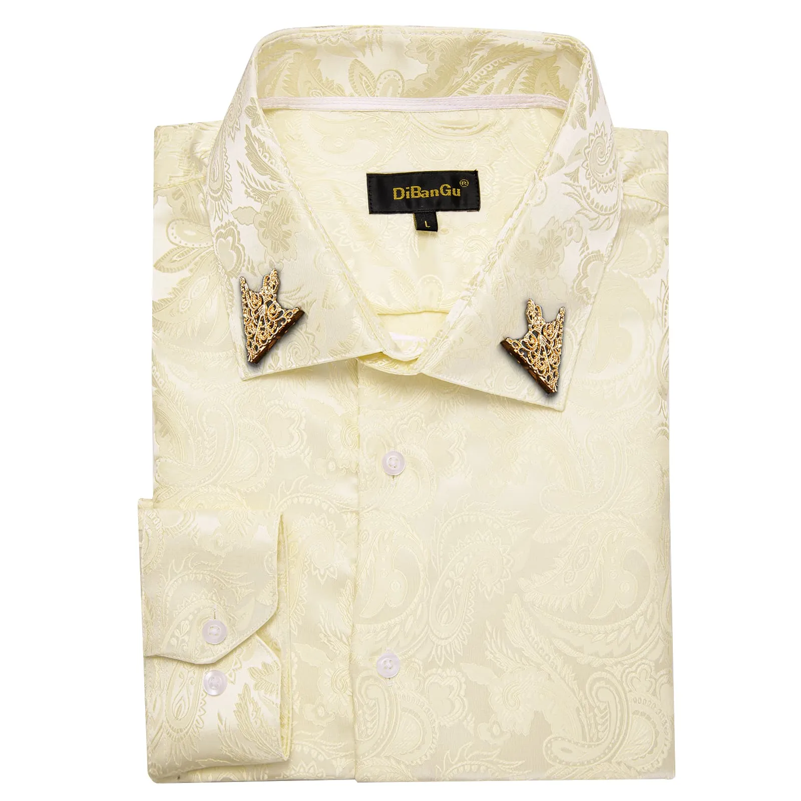 DiBanGu Dress Shirt Eggshell Yellow Paisley Button Down Long Sleeve Shirt for Men