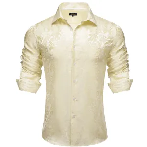 DiBanGu Dress Shirt Eggshell Yellow Paisley Button Down Long Sleeve Shirt for Men