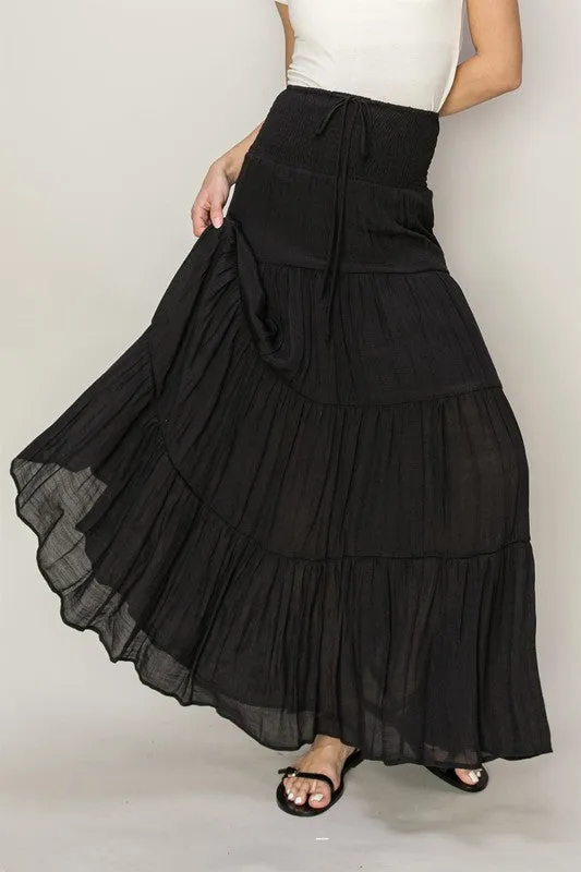 Drawstring Waist Tiered Maxi Skirt