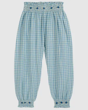 Emile Girls' Blue Checkered Cotton Trousers with Embroidery