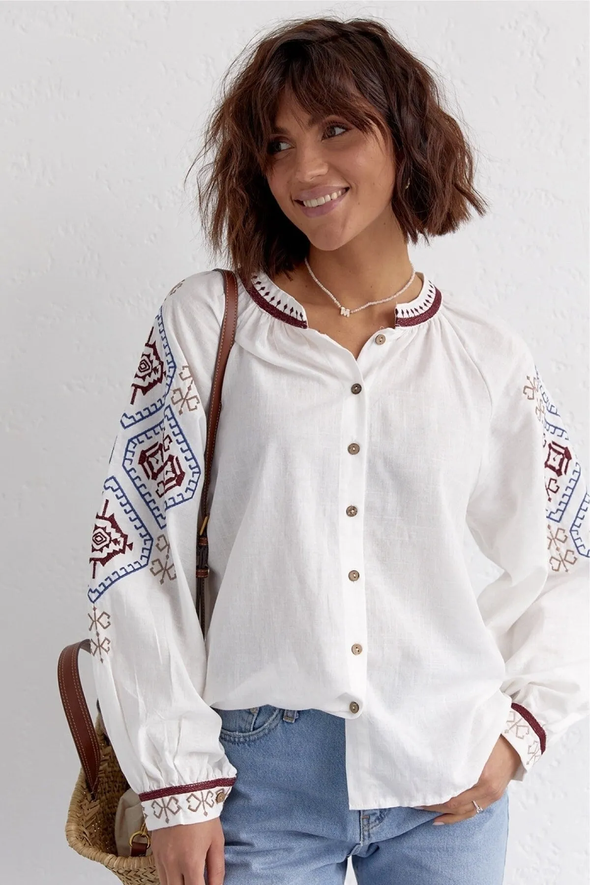 Ethnic Pattern Embroidered Vintage Shirt, Boho Style Vintage Apparel, Eclectic Finds Unique Stitching,Boho Chic Style,Modern Hippie