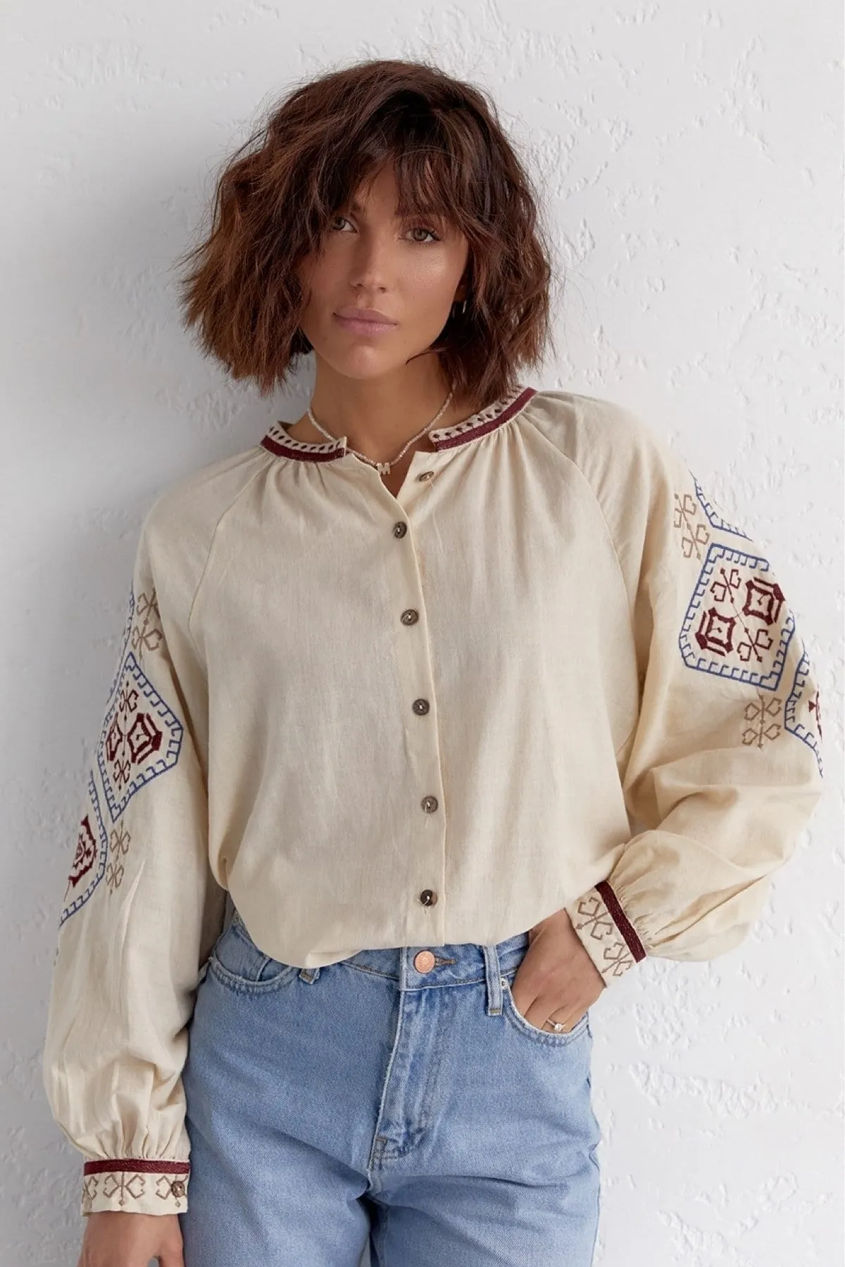 Ethnic Pattern Embroidered Vintage Shirt, Boho Style Vintage Apparel, Eclectic Finds Unique Stitching,Boho Chic Style,Modern Hippie