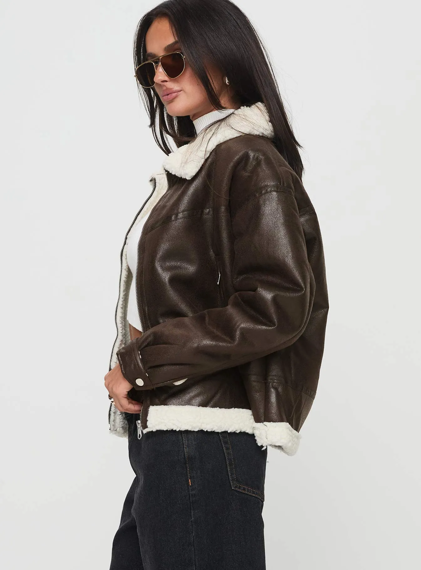 Fashionkova Solara Faux Leather Shearling Jacket Chocolate