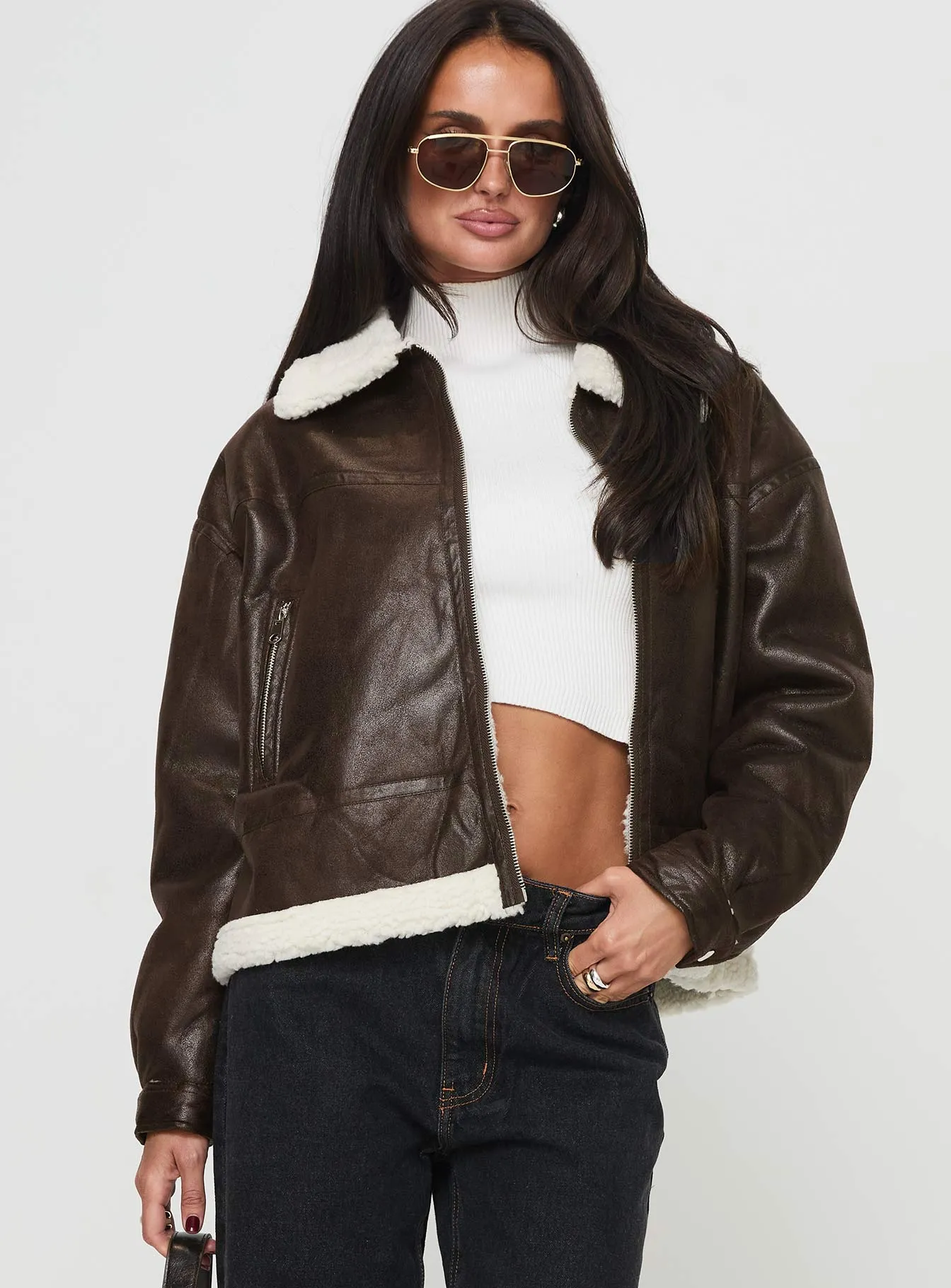 Fashionkova Solara Faux Leather Shearling Jacket Chocolate