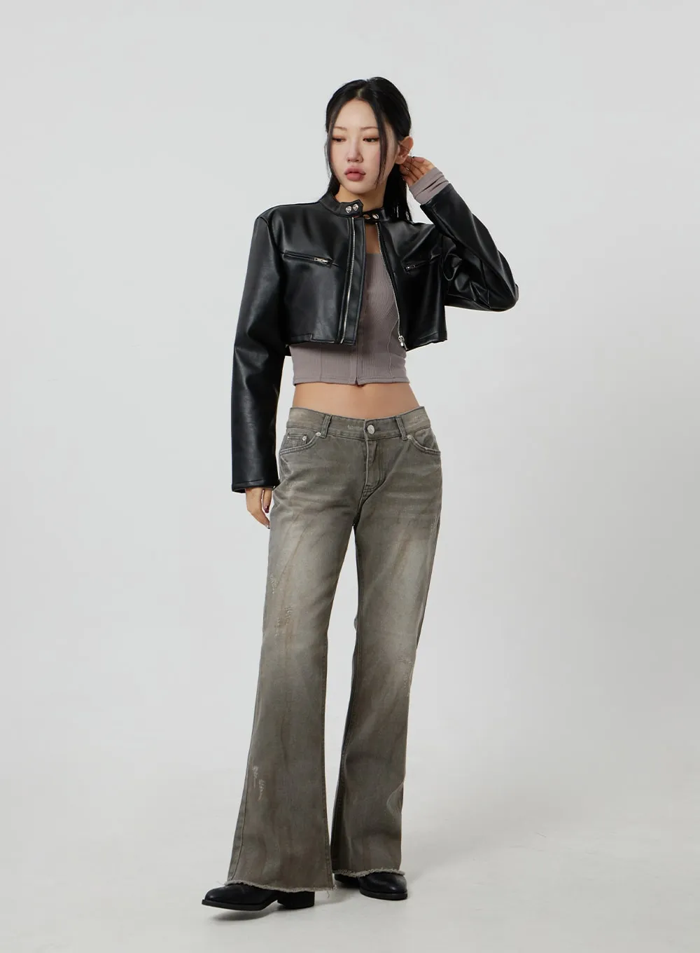 Faux Leather Cropped Zip-Up Jacket CF301