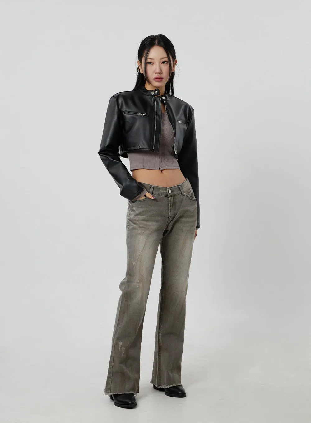 Faux Leather Cropped Zip-Up Jacket CF301