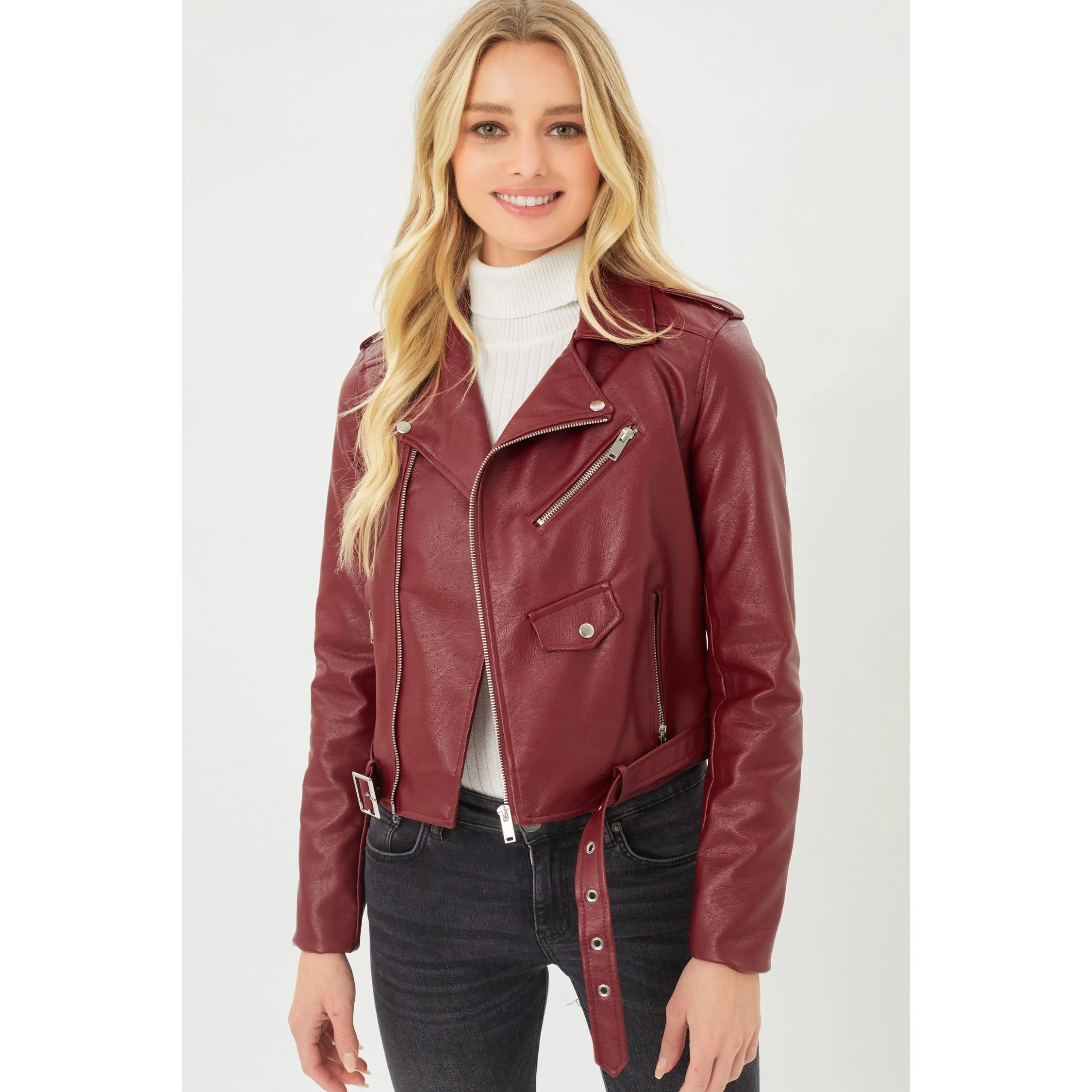 Faux Leather Zip Up Biker Jacket - Wine